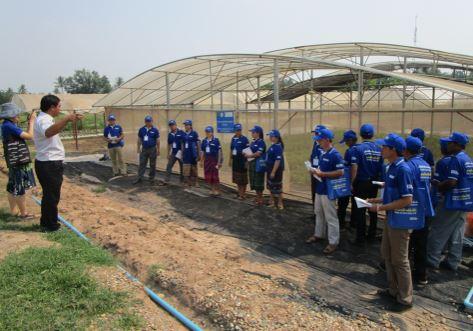 Novel project greenhouse providing backdrop to research and extension activities in Laos. Note roof gap venting, wide span, height, internal shade and side netting.