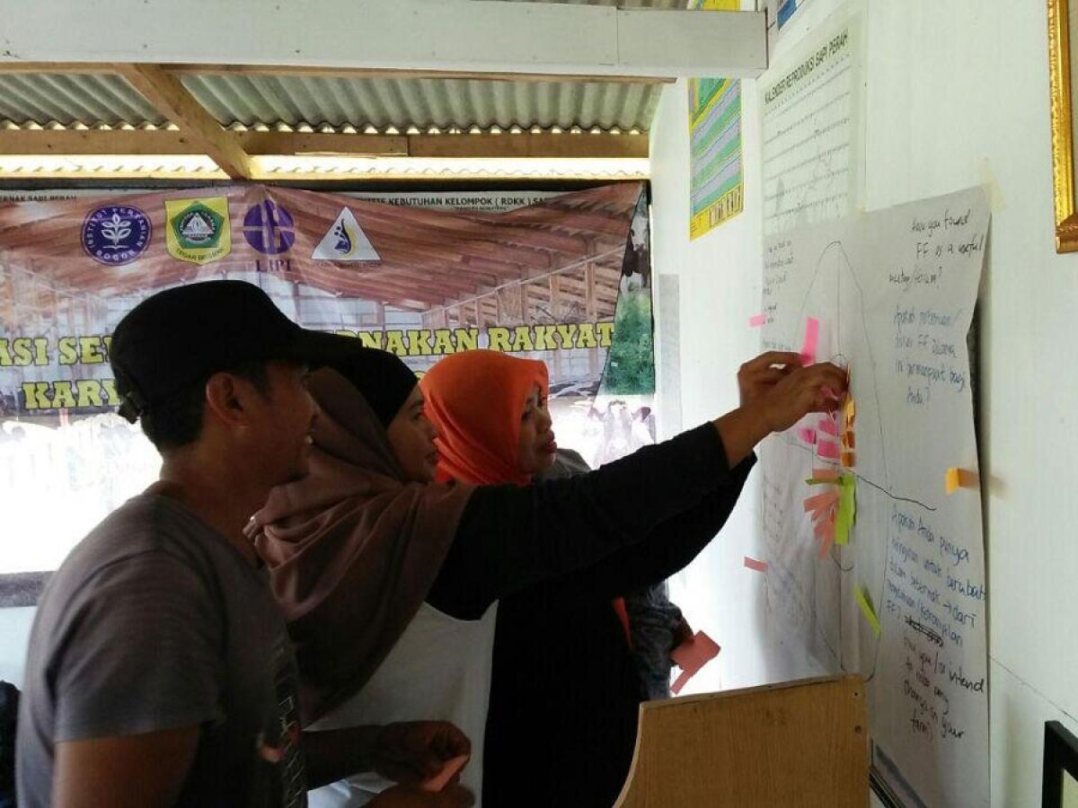 Pak Ma'mur, Ibu Eneng (wife of Pak Ma'mur) and support farmer Ibu Martini pasting the sticker dot using the dartboard evaluation method of the Focus Farm