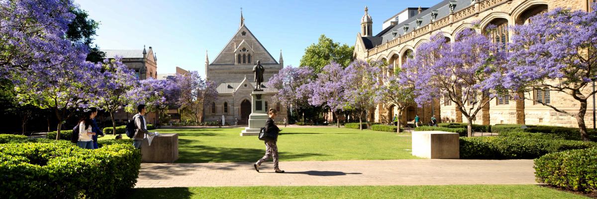 Students walking past the University of Adelaide's North Terrace Campus.
