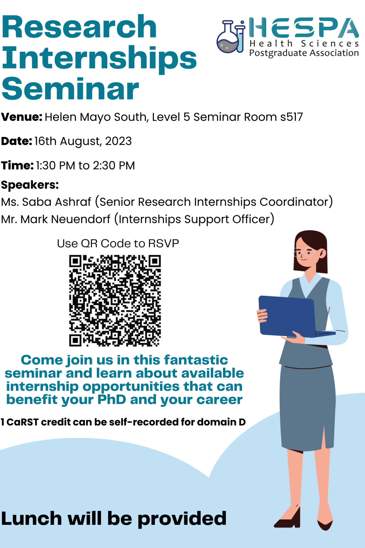 A flyer for the HESPA Research Internships seminar, which contains event information and a QR Code.
