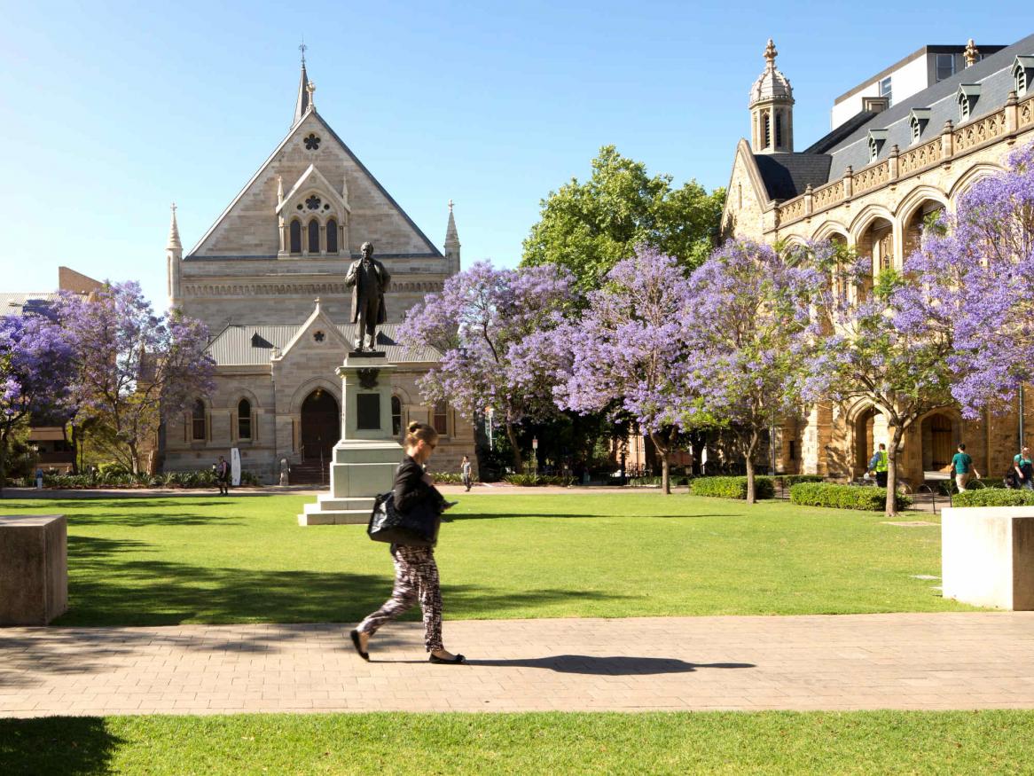 Students walking past the University of Adelaide's North Terrace Campus.
