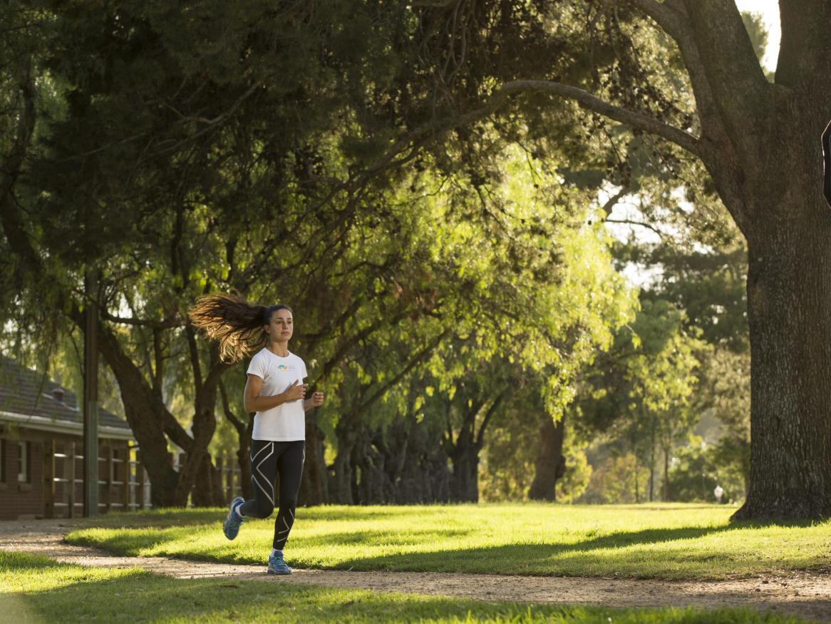 University of Adelaide student jogging, exercising along River Torrens and parklands.