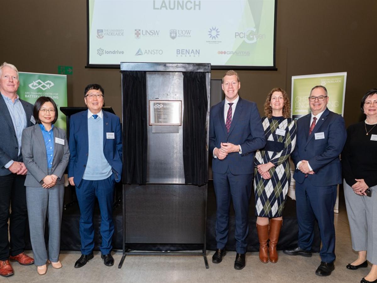 Launch of the ARC Training Centre for Battery Recycling with Dr Ebbe Dommisse, Professor Yan Jiao, Professor Shizhang Qiao, The Honourable Joe Szakacs (Minister for Trade and Investment, South Australian Government), Ms Alison Beasley, Professor Michael Goodsite, Dr Tatiana Khmeleva