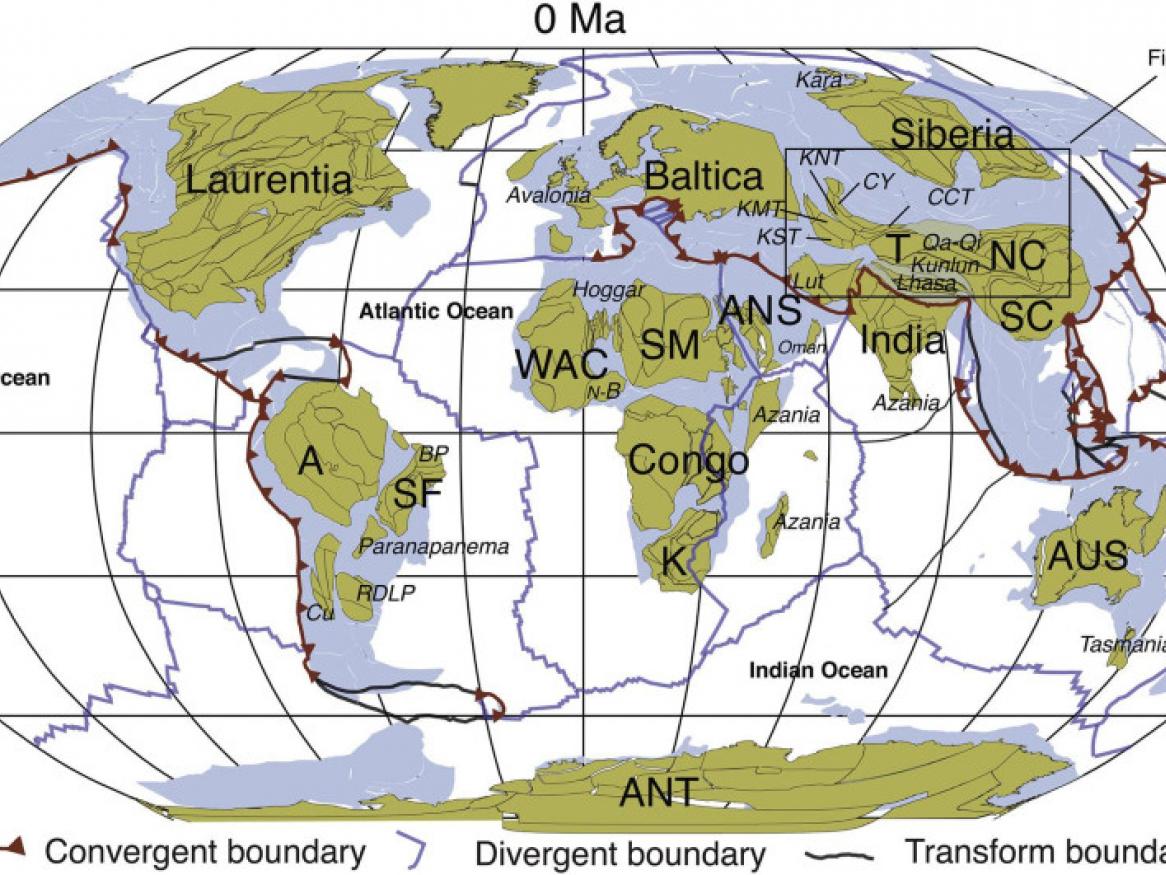 Map showing distribution of continental crust