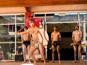 Paitya Dance Group, led by Karl Winda Telfer (Senior Kaurna Cultural Custodian), performing at the launch of the Tarrkarri Tirrka: Aboriginal and Torres Strait Islander Education Strategy, November 2013.