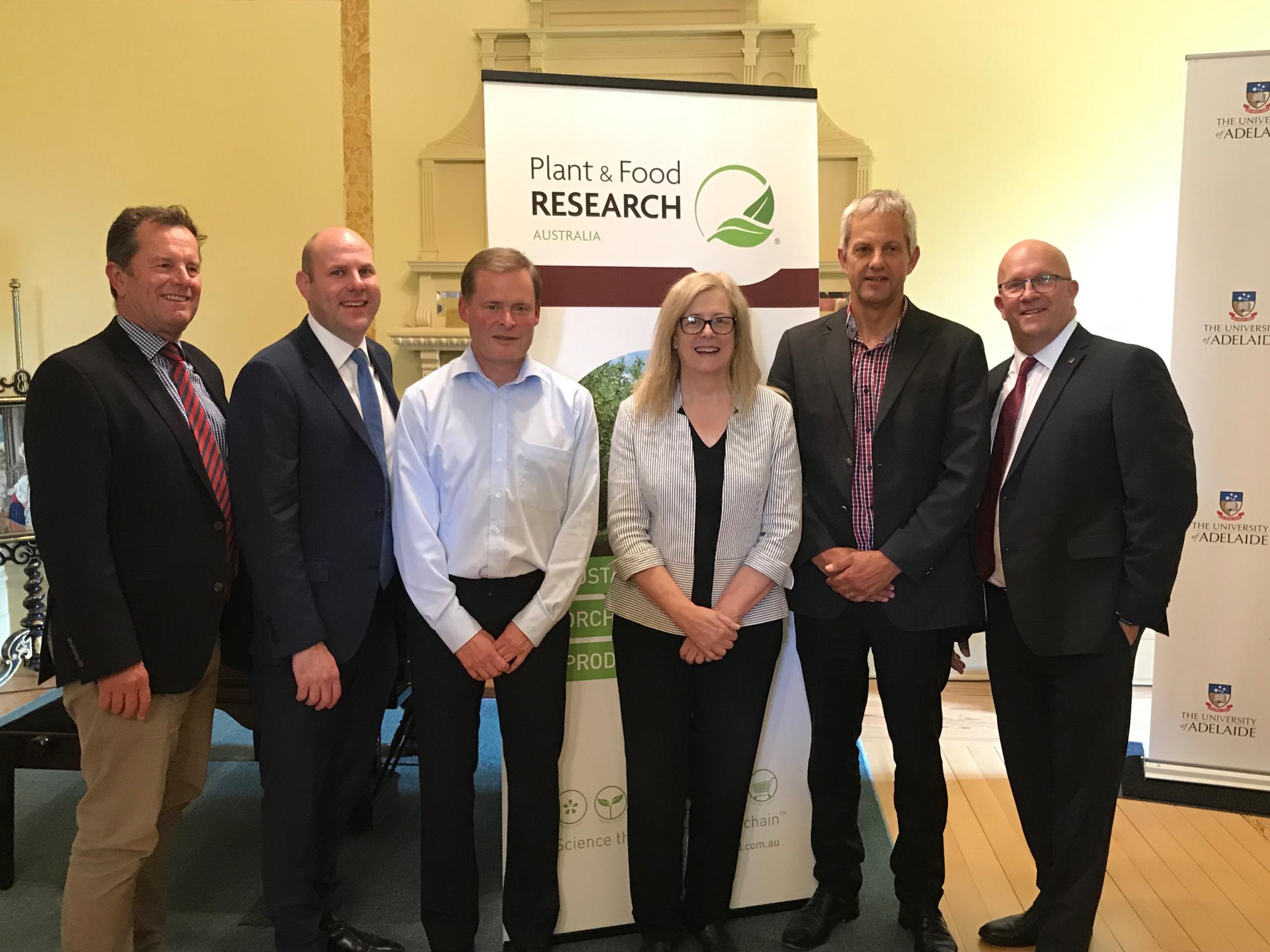 From left to right: Hon Tim Whetstone MP, SA Minister for Primary Industries and Regional Development; Mr Sam Duluk MP, Member for Waite; Professor Peter Rathjen, Vice-Chancellor and President, The University of Adelaide; Professor Caroline McMillen, SA Chief Scientist; Dr Gavin Ross, Group General Manager, Marketing and Innovation, Plant & Food Research; Hon David Ridgway MLC, SA Minister for Trade, Tourism and Investment.