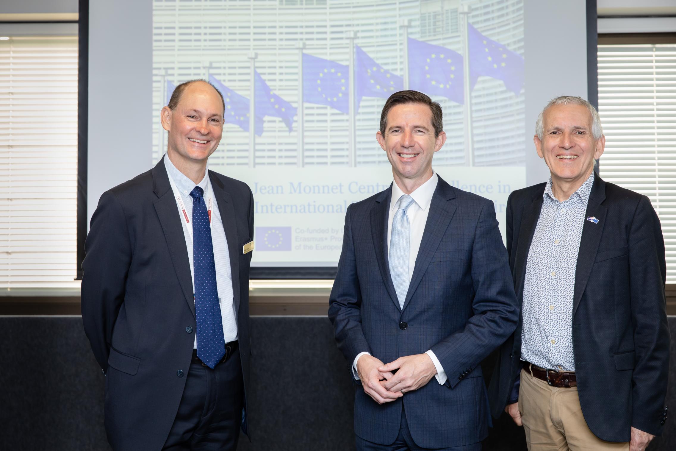 Professor Peter Draper, Senator the Hon Simon Birmingham, and Professor Richard Pomfret