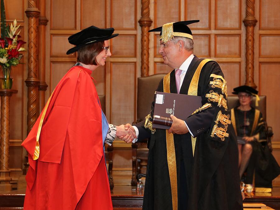Julia Gillard receiving honorary doctorate from Chancellor Kevin Scarce
