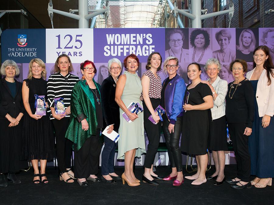 Pictured: Professor Philippa Levy, Pro Vice-Chancellor (Student Learning) and Chair of the University’s Gender Equity Committee; Natasha Stott Despoja AO, Founding Chairperson of Our Watch; Dr Hillary Smith, representing the family of Emeritus Professor Sally Smith; Hon Margaret Nyland AM, former judge and Royal Commissioner; Hon Cathy Branson AC QC, Deputy Chancellor of the University of Adelaide; Dr Niki Vincent, SA’s Equal Opportunity Commissioner; Caitlyn Georgeson, LGBTIQ Advocate; Tory Shepherd, The A