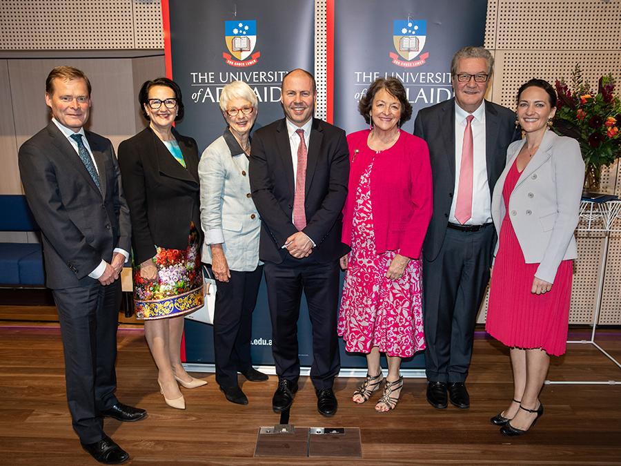 Pictured: Professor Peter Rathjen AO, Vice-Chancellor and President; Hon Vickie Chapman MP, SA Deputy Premier and Attorney-General; Hon Cathy Branson AC QC, Deputy Chancellor; Hon Josh Frydenberg MP Treasurer of Australia; Nicky Downer AM; Hon Alexander Downer AO; Georgina Downer.