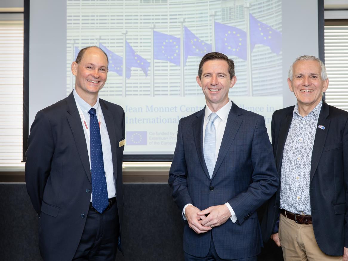 Professor Peter Draper, Senator the Hon Simon Birmingham, and Professor Richard Pomfret