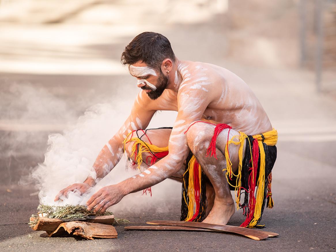 Photo from Engagement eNews of Reconciliation Action Plan Launch. Pictured: Jack Kanya Kudnuitya Buckskin, Tauondi Aboriginal College Aboriginal Cultural Service Mentor, Cultural Performer and 2011 SA Young Australian of the Year welcomes guests to the launch of the University's Reconciliation Action Plan.