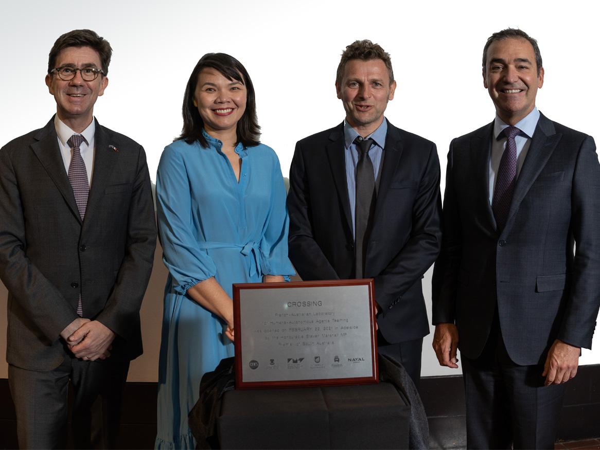 Mr Pierre-Eric Pommellet, Chief Executive Officer, Naval Group; Professor Anna Ma-Wyatt, Co-Chair CROSSING; Professor Jean-Philippe Diguet, Co-Chair CROSSING; Premier Steven Marshall.