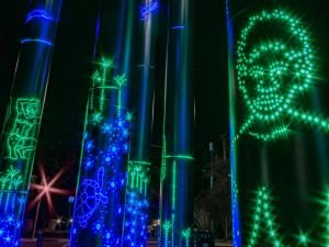 Close up of Kaurna poles lit up at night