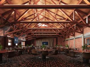 Artist impression of function room on level 6 Union House with cathedral ceiling, tables and chairs