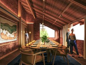 Artist impression of private dining room 2 on level 5 Union House with long table and open windows