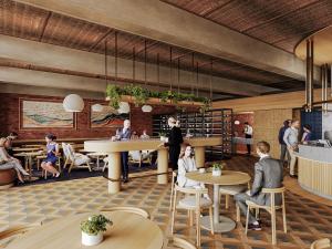 Artist impression of the bar on level of 5 Union House with tall tables, round tables and people mingling