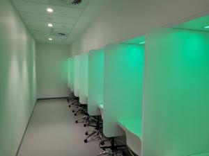 Sensory booths with coloured lights in the Food Innovation Laboratory