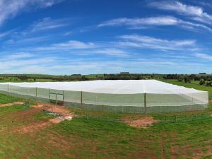 Turretfield birdproof enclosure with white netting in green field