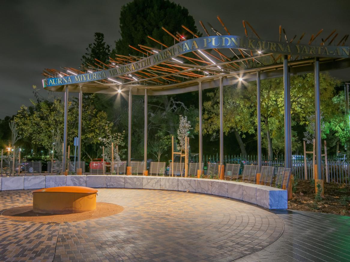 Kaurna Learning Circle lit up at night