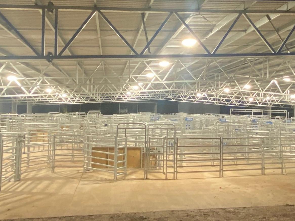 Cattle yard at night with lights on