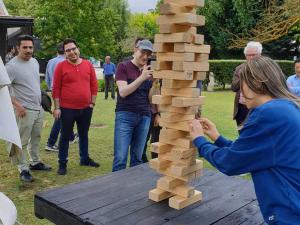 PRIF end of year celebrations, playing jenga