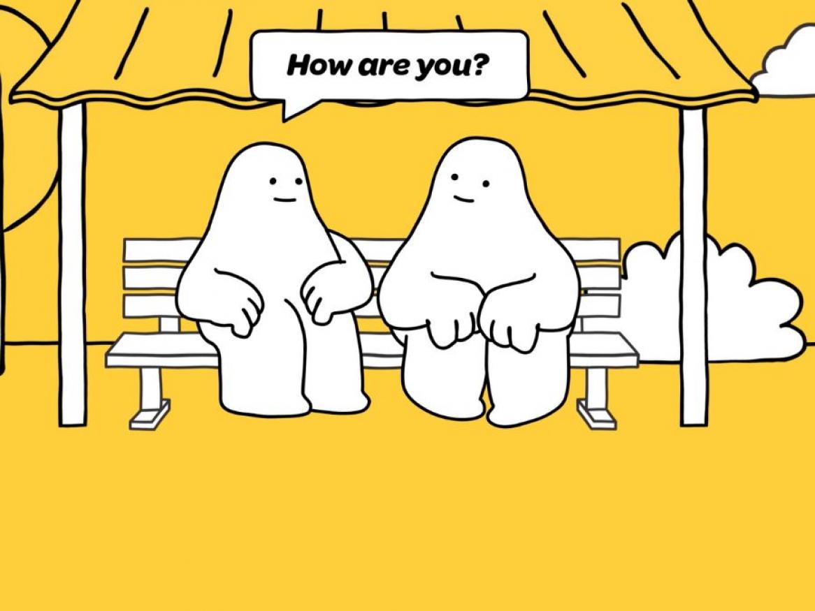 R U OK? Day image - two people sitting on a park bench and asking how are you