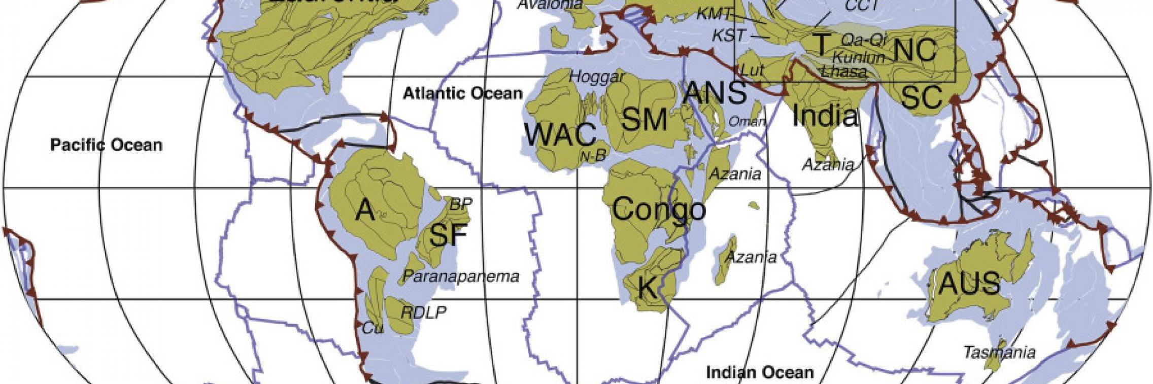 Map showing distribution of continental crust