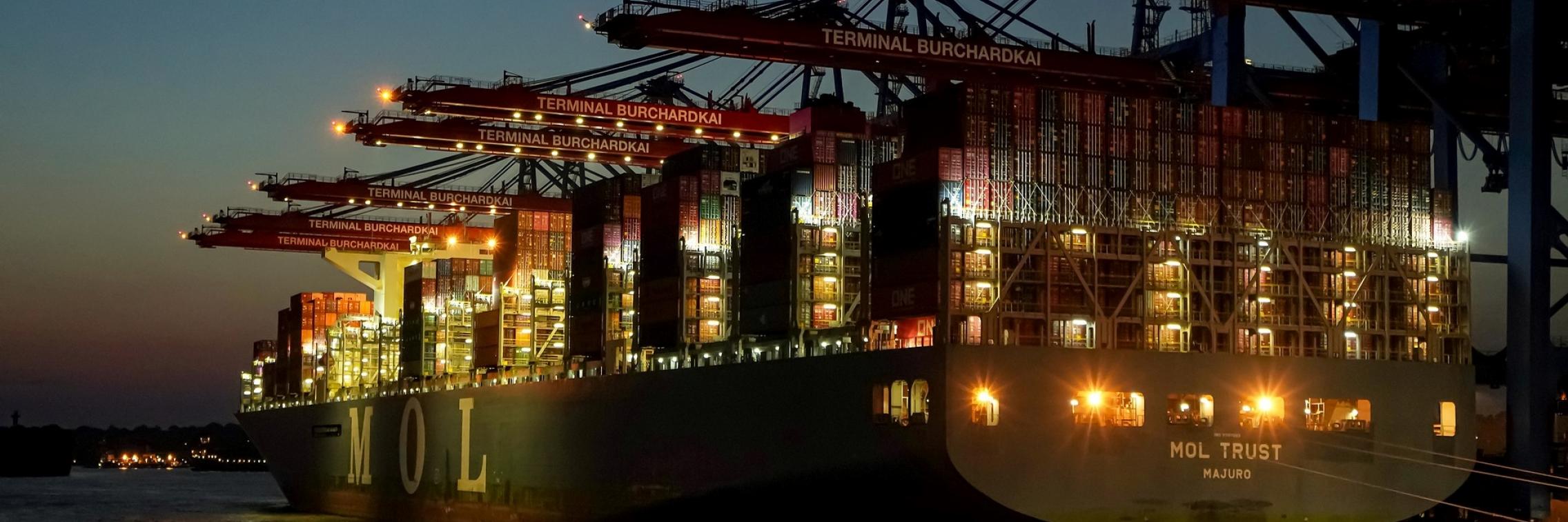 Container ship at night