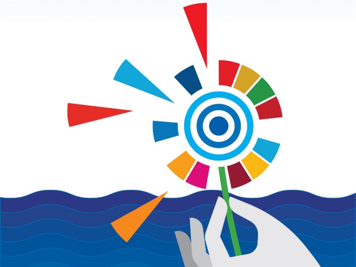 Graphic of a hand holding a flower in UN SDG colours
