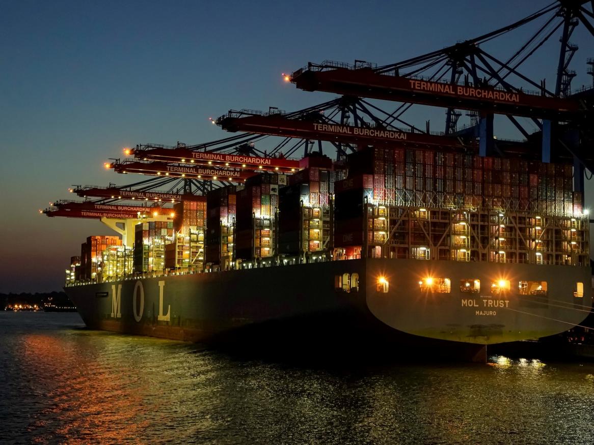 Container ship at night