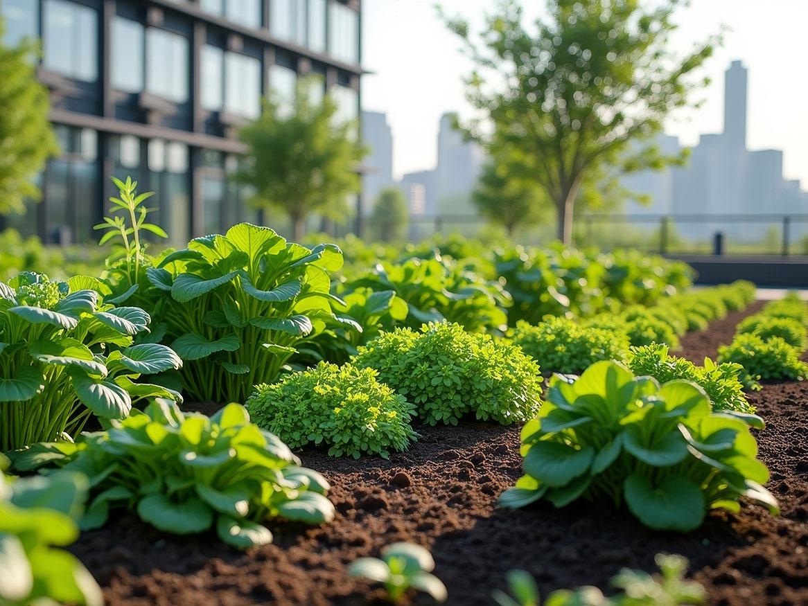 A small plot growing vegetables with a cityscape in the background