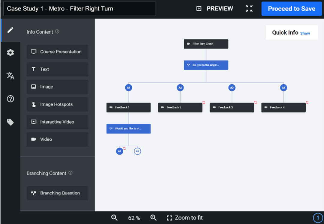 H5P Branching Scenario’s user interface. Each block above is a screen that the learner may visit.