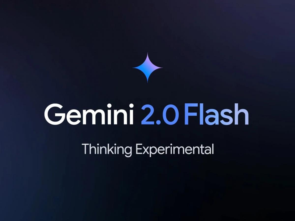 Logo with "Gemini 2.0 Flash" text above "Thinking Experimental" on a dark background, featuring a small star symbol.