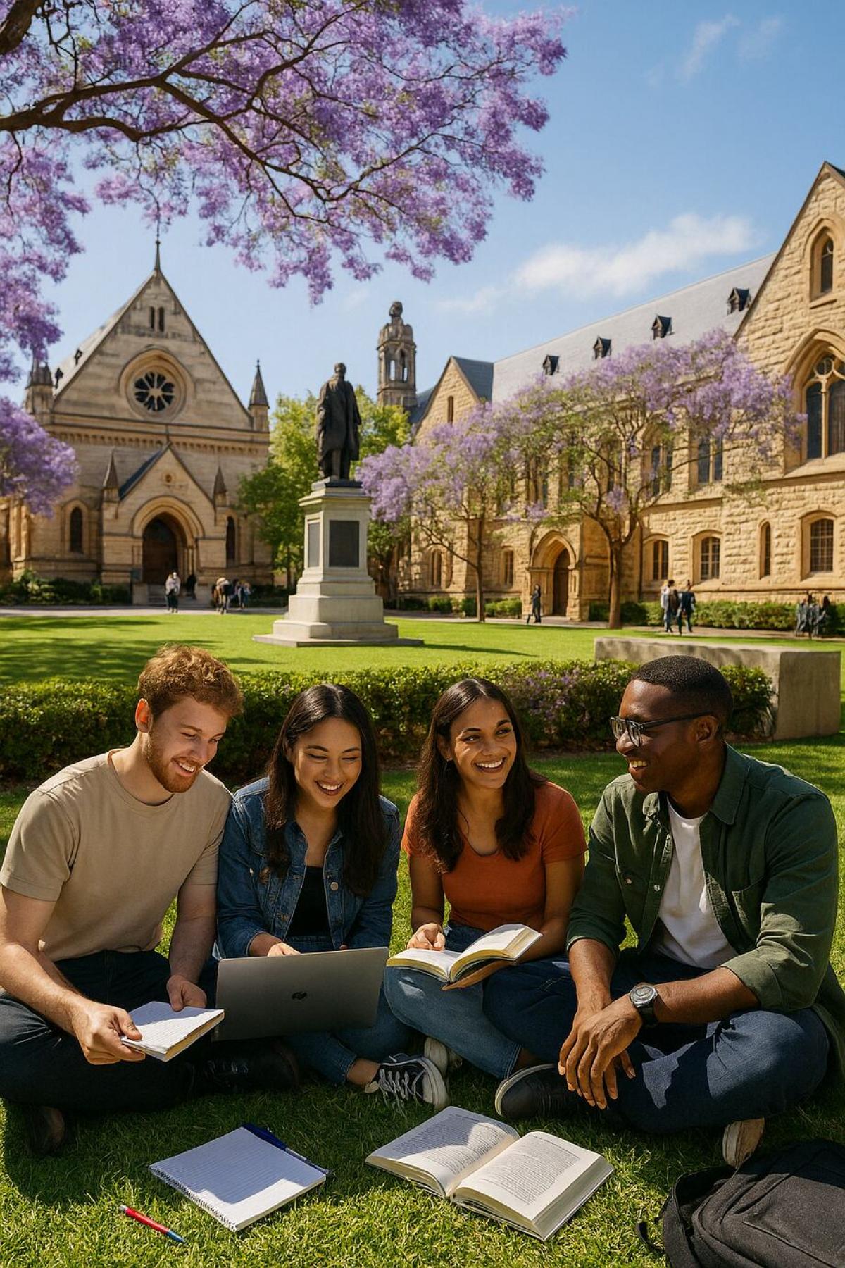 AI-generated image of a group of four students sitting on the lawn in the Goodman Crescent at the University of Adelaide. Buildings in the background include Elder Hall and Bonython Hall.