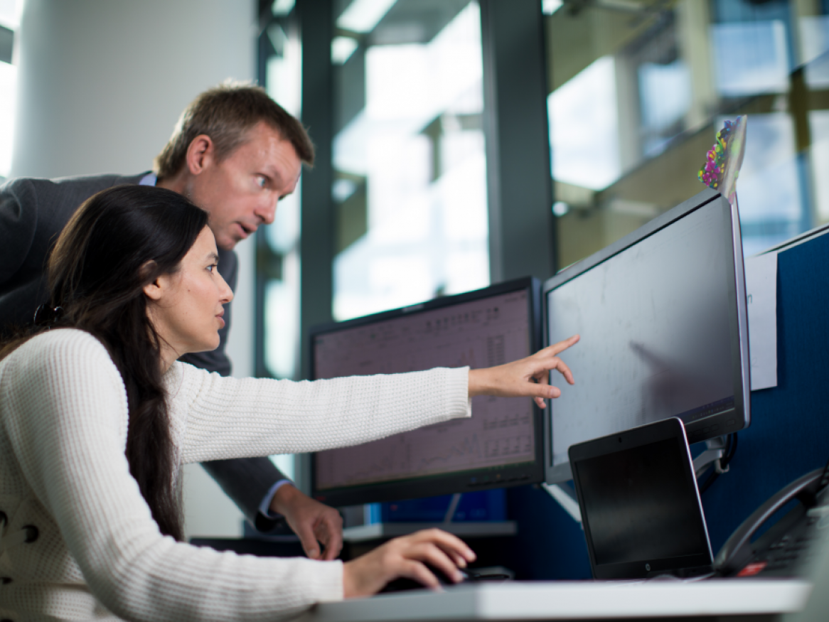 Two people discussing image on computer screen