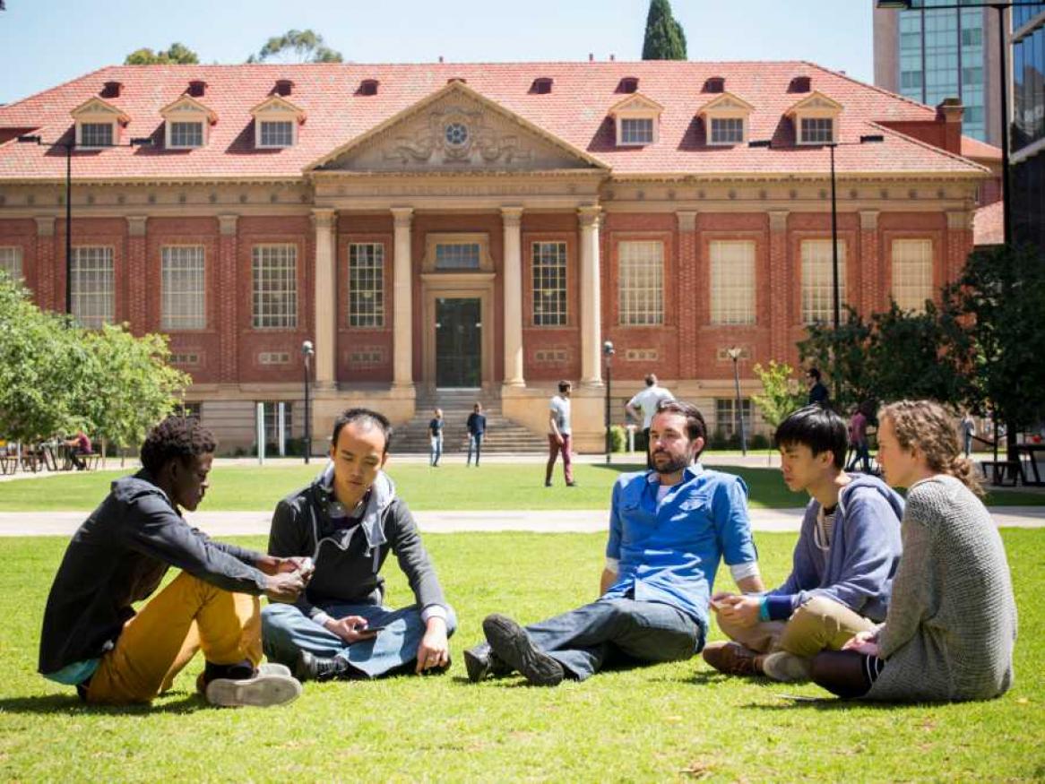 Students in front of the Library