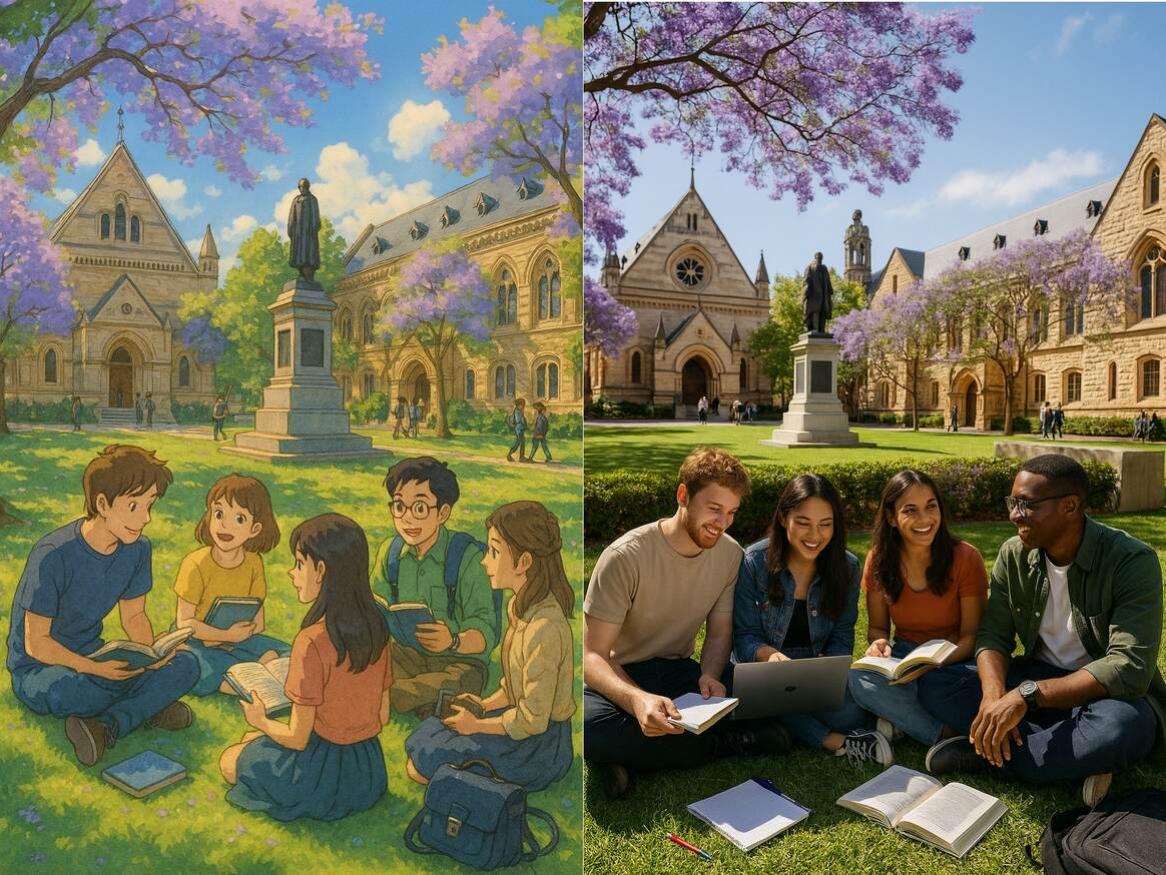 Split image showing two groups of students sitting on grass and studying in front of the Goodman Crescent at the University of Adelaide; left side is illustrated in the style of Studio Ghibli, right side is photo-realistic.