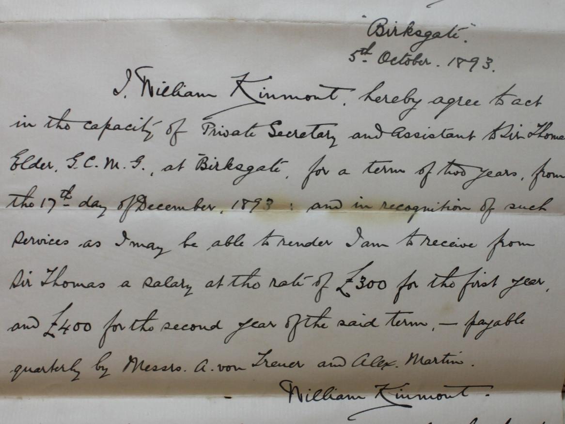 Photo of an agreement between Thomas Elder and William Kinmont