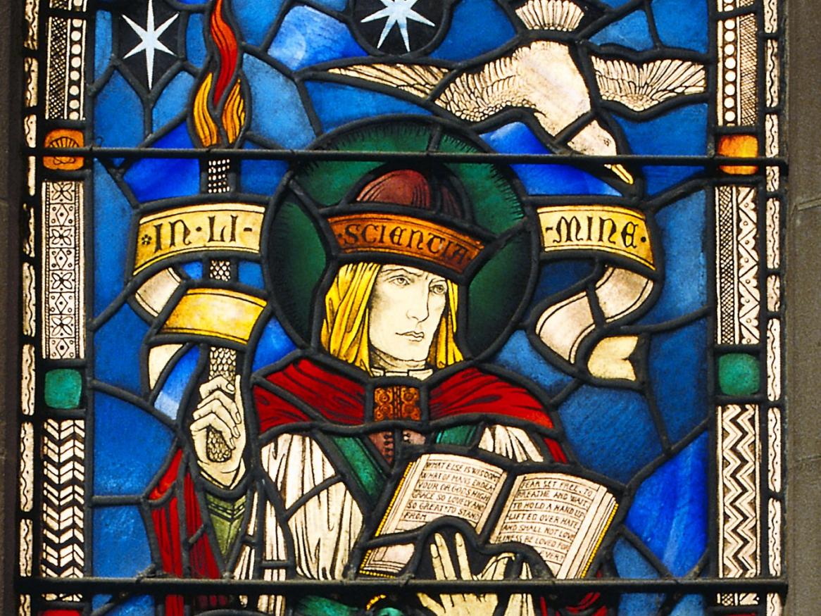 Edith Lungley, Knowledge, 1932, commissioned stained glass window to commemorate the life and work of Thorburn Brailsford Robertson