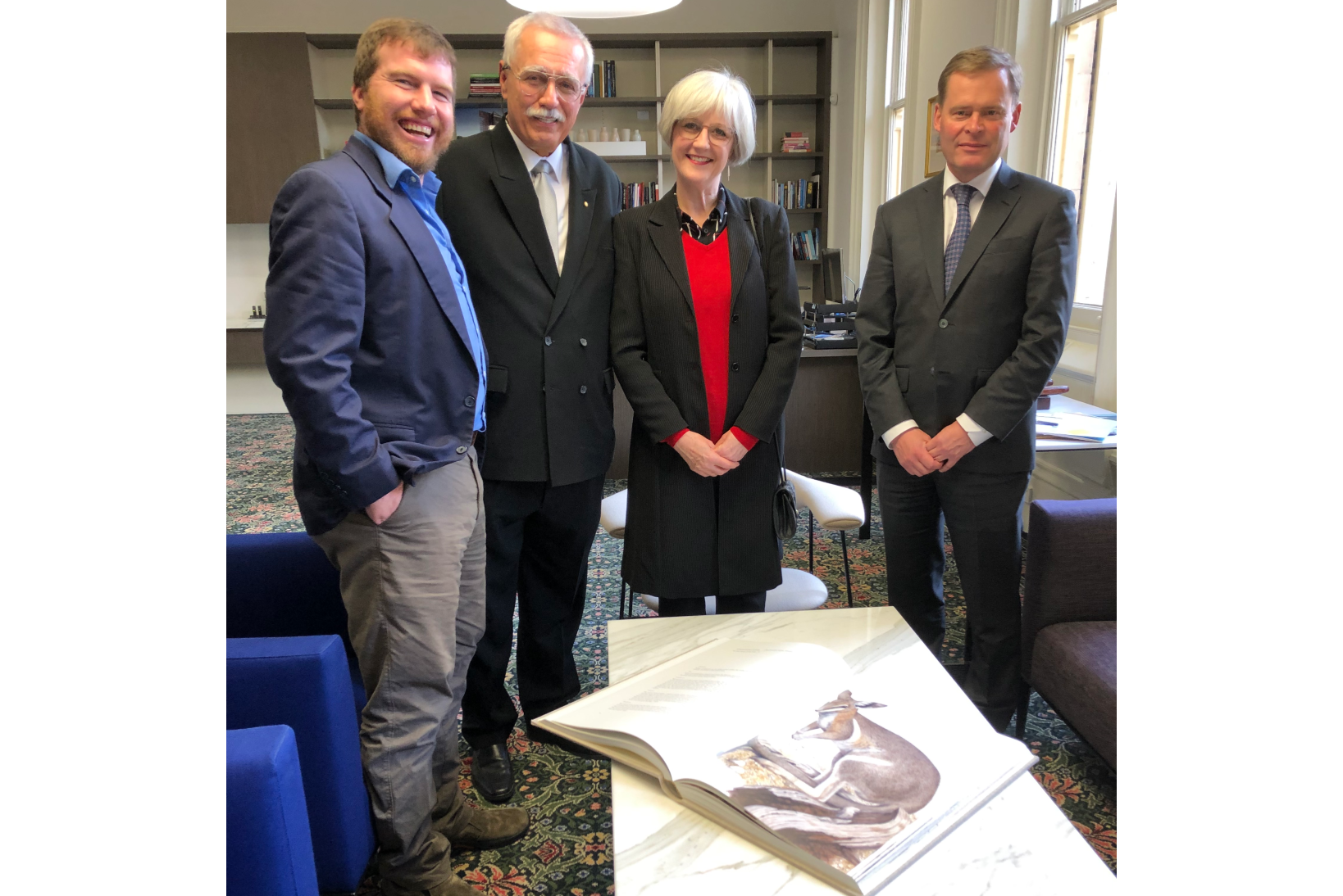 Professor Kristofer Helgen, Philip Wollen OAM, University Librarian Teresa Chitty, and University Vice-Chancellor Peter Rathjen