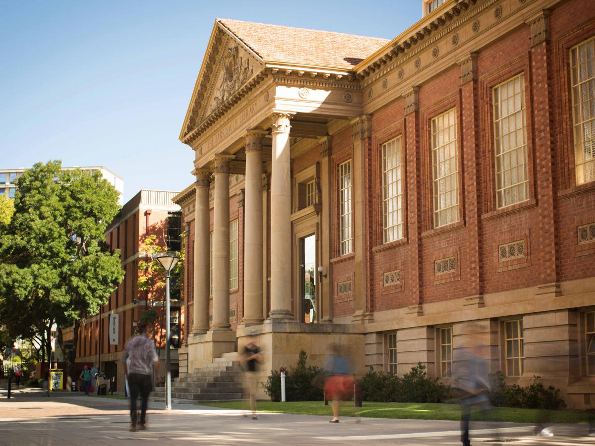 Students walking past Barr Smith Library