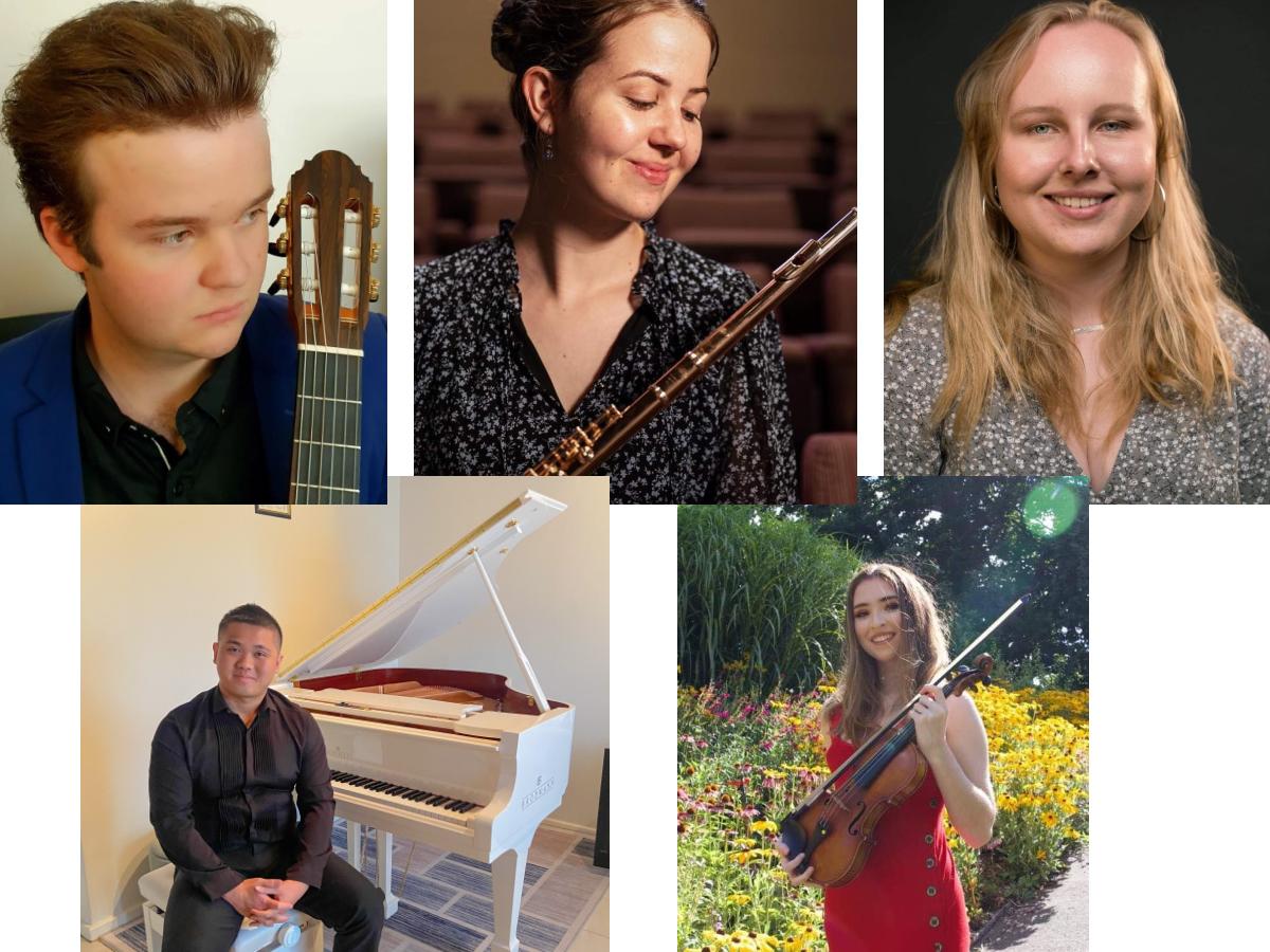 Collage shows Elder Conservatory of Music students from top left to bottom right: Connor Whyte, Lauren Borg, Alison Hardy, Shawn Hui and Natalia Beos