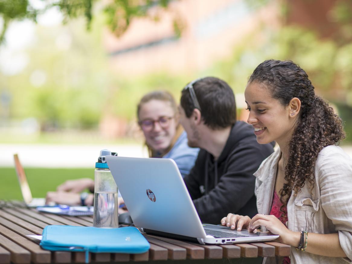 Three students happily studying outside on a warm spring day