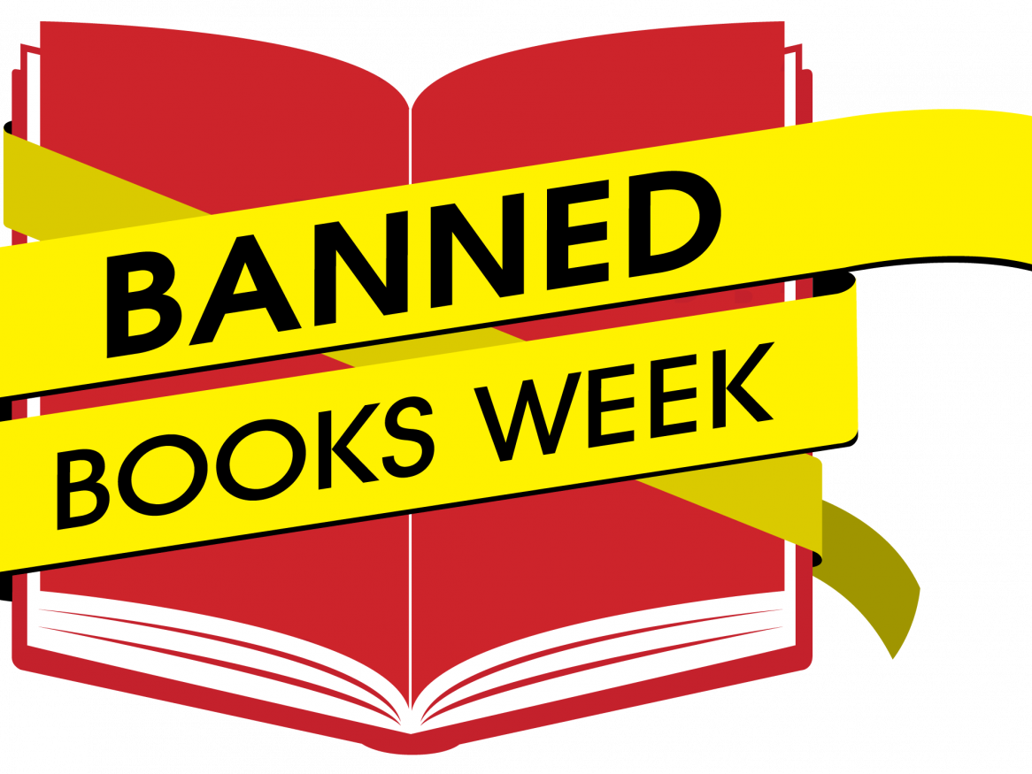 The logo for Banned Books Week showing a red book with a yellow ribbon around it