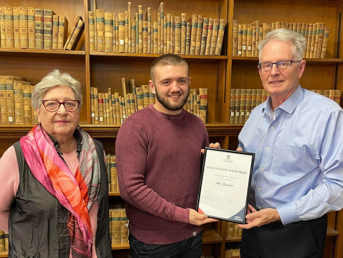 Winner of the 2024 Hugh Martin Weir Prize, Alex Sanders, with Robina and Glen Weir