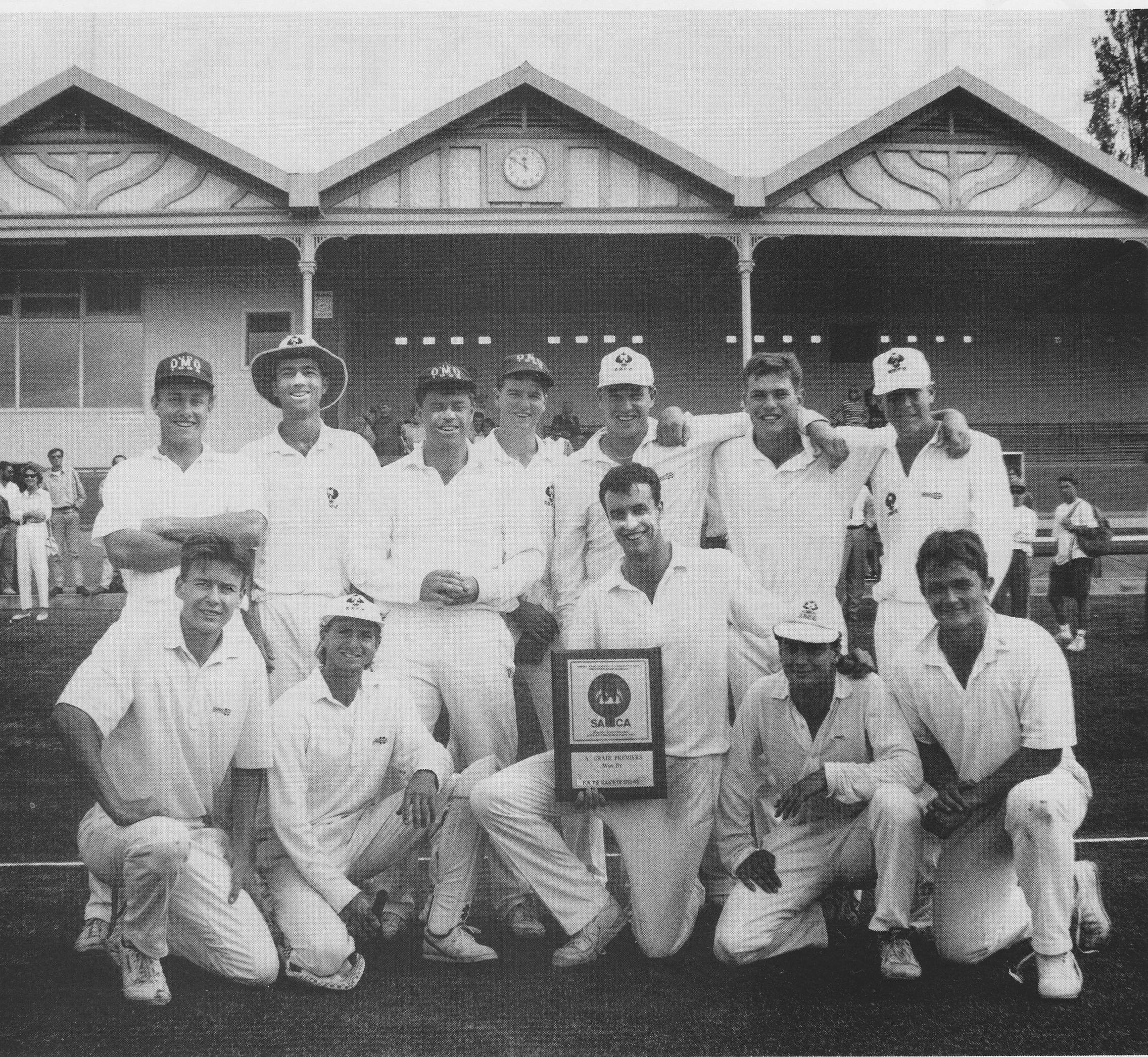 Chris Owen (front centre) and the A-grade team he led for a premiership in 1992/93 at the University cricket ground. Photo by Bryan Charlton