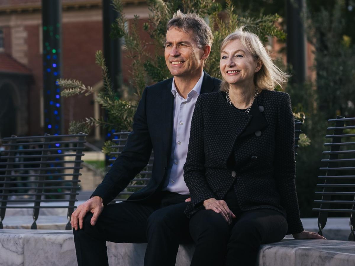 Professor Peter Høj and his partner Emeritus Professor Mandy Thomas sit in the Kaurna Learning Circle 