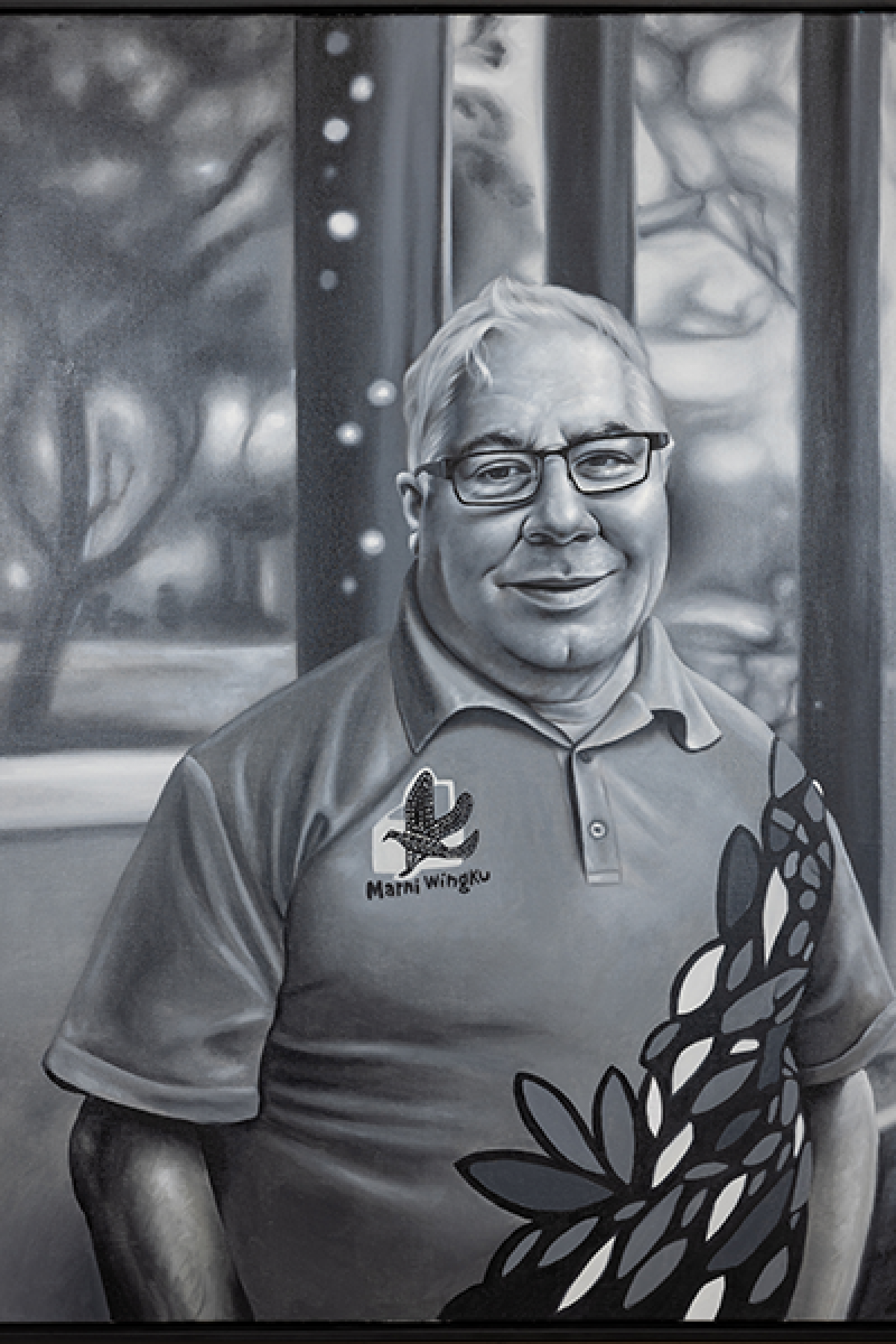 This 2021 painting of Uncle Rodney O’Brien, Kaurna Elder, now hangs in the University of Adelaide Library. Painting by Thomas Readett, Ngarrindjeri/Arrernte people. (A.VA.2022.1031.jpg)