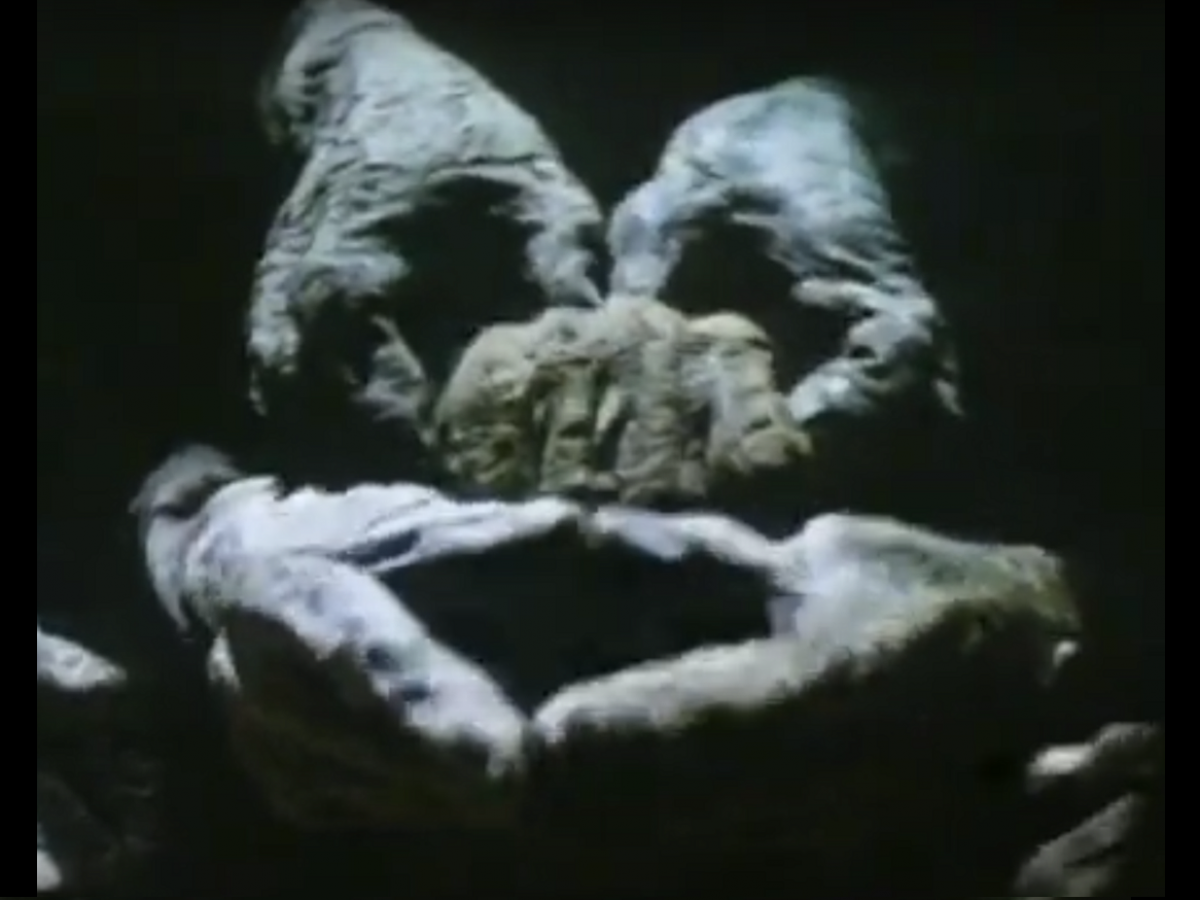 A face made of hands with a hand made into a circle for each eye, a fist for the nose, and two hands making a movable mouth.